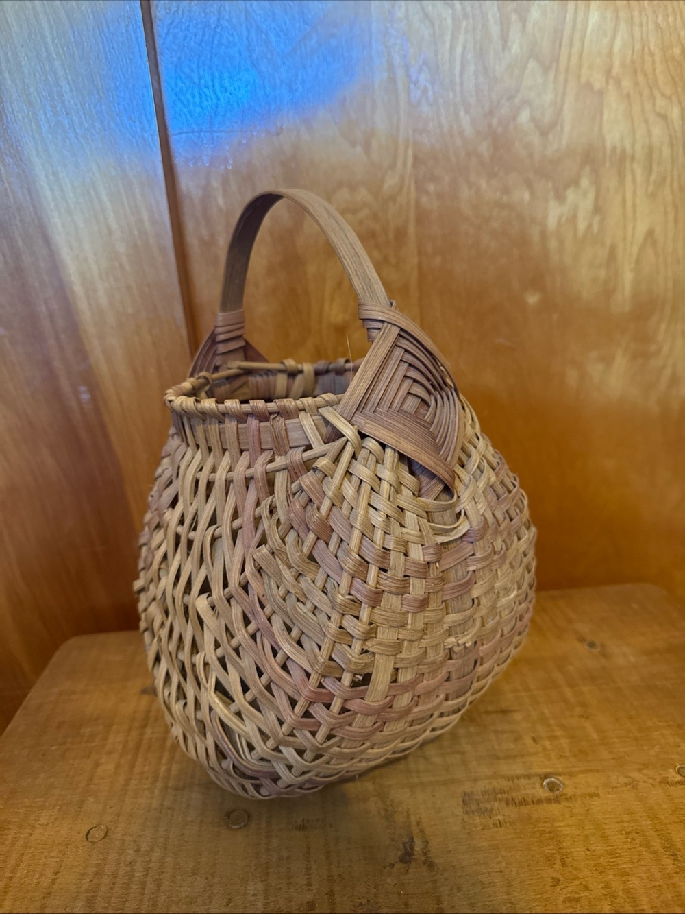 Vintage Handwoven Brown Wicker Buttocks Basket With Wood Handle